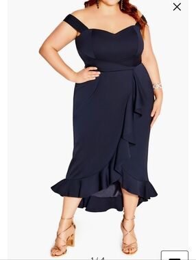 City Chic The Hypnotise Faux Wrap Midi Dress Dark Blue Sz 18 Wedding Party New